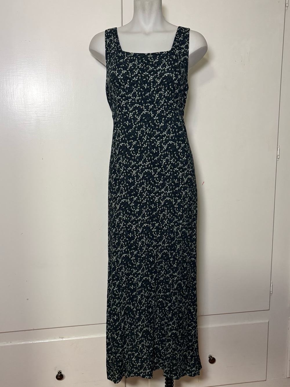 Vintage 90s Leaf Print Rayon Babydoll Tie Back Maxi Tank Dress